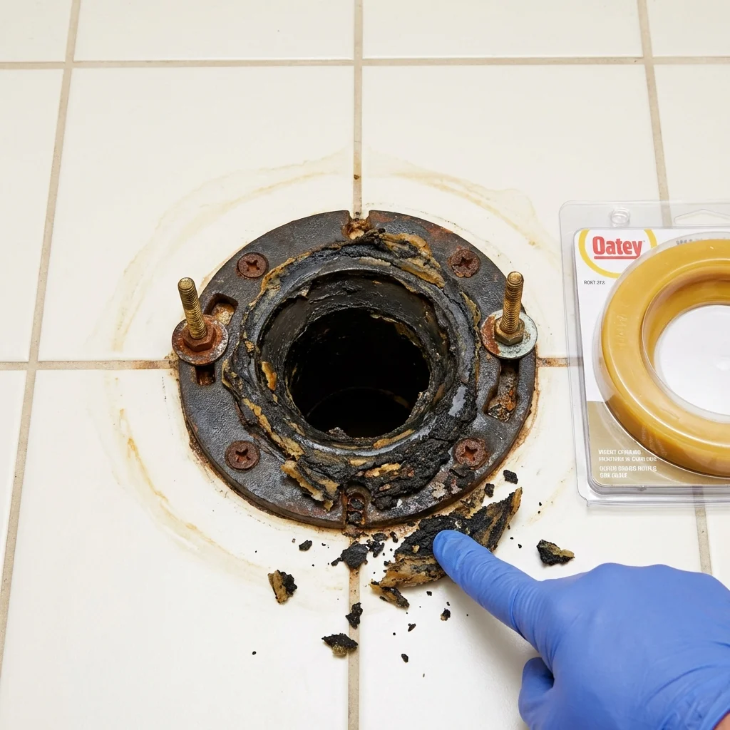 Failed wax ring showing water seepage at the base of a toilet in a Arlington, MN home