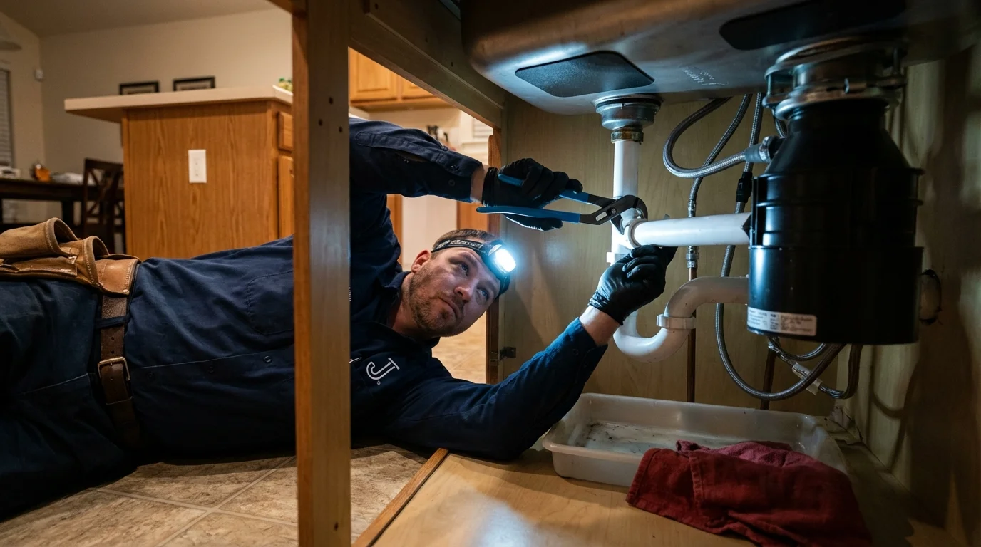 P-trap and supply line connections under a kitchen sink showing a common leak point in Arlington, MN